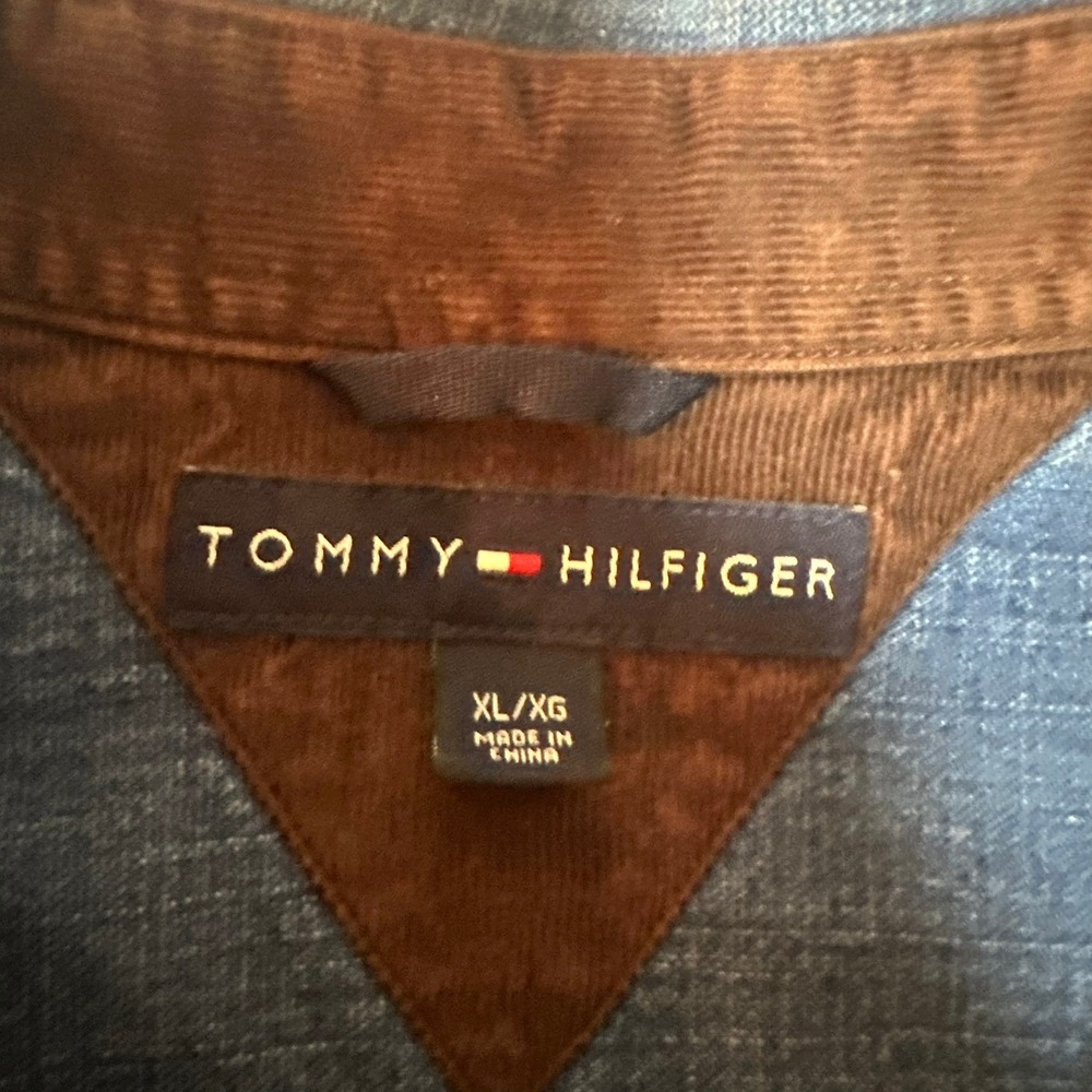 Tommy Hilfiger Mens XL Denim Western Snap Shirt Blue Faded Corduroy Collar - Picture 4 of 6